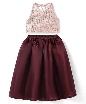 Saka Designs Satin Woven Sleeveless
                              Sequinned Halter Neck Choli Lehenga Set-
                              Mahroon & Golden
