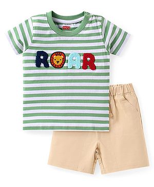 Babyhug Single Jersey Knit Half Sleeves Striped T-Shirt & Shorts Set with Roar Applique - Green & Beige