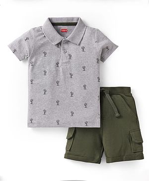 Babyhug Single Jersey Knit Half Sleeves Polo T-Shirt & Shorts Set with Cactus Print - Green