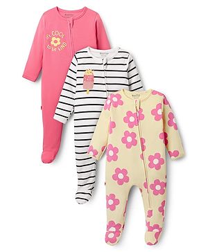 Bonfino 100% Cotton Knit Full Sleeves Floral & Ice Cream Printed Footed Sleep Suits Pack of 3 - Yellow White & Pink