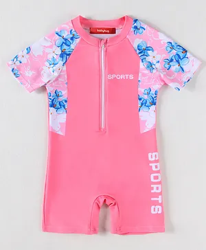 Babyhug Half Raglan Sleeves Legged Swimsuit
                      with Floral Print - Pink