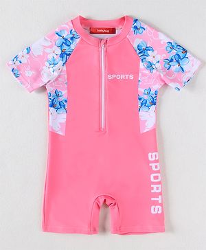 Babyhug Half Raglan Sleeves  Legged Swimsuit with Floral Print - Pink