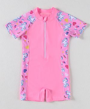 Babyhug Half Raglan Sleeves Legged Swimsuit With Unicorn Print - Pink