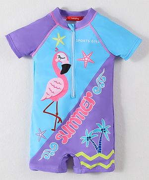 Babyhug Half Raglan Sleeves Legged Swimsuit with Swan Print - Blue