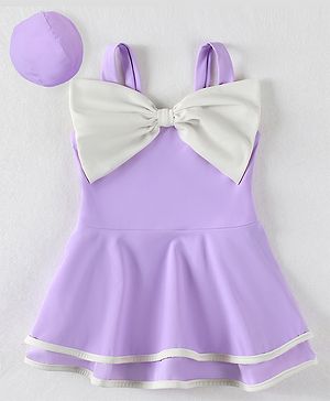 Babyhug Sleeveless Frock Swimsuit With Bow Applique & Swimming Cap - Purple