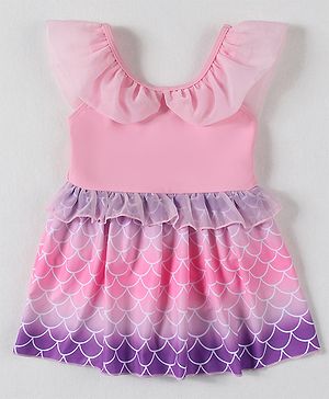 Babyhug Frill Sleeves Printed Frock Swimsuit - Pink
