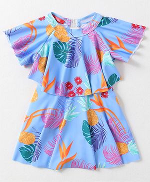 Babyhug Half Flutter Raglan Sleeves Frock Swimsuit with Floral Print - Light Blue