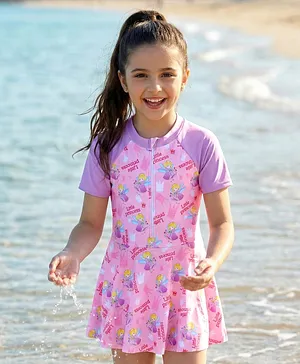Pine Kids Half Raglan Sleeves Frock Swimsuit
                      with Little Princess Print - Pink