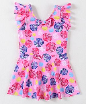 Babyhug Frill Sleeves Frock Swimsuit With Sea Shells Print & Bow Applique - Pink