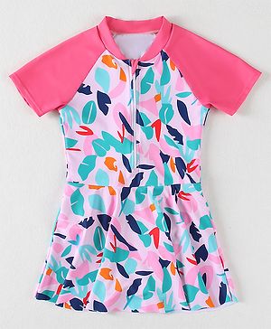 Babyhug Half Raglan Sleeves Frock Swimsuit With Leaf Print - Fuchsia