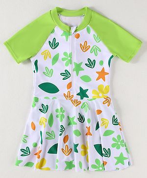 Babyhug Half Raglan Sleeves Frock Swimsuit With Floral & Leaf Print - Green & White