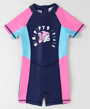 Mark & Mia Half Raglan Sleeves Printed
                      Legged Swimsuit With Fish Print & Color Block
                      Design - Navy Blue