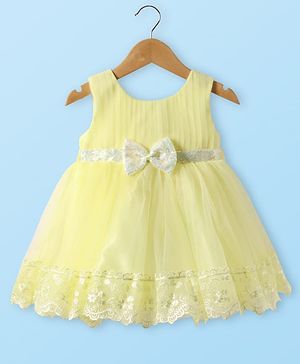 Babyhug Woven Sleeveless Party Dress With Lace & Sequin Detailing & Bow Applique - Yellow