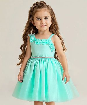 Babyhug Sleeveless Woven One Shoulder Dress With Floral Applique -  Mint