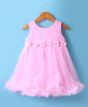 Babyhug Woven Sleeveless Fit & Flare Party Mesh Dress with Fills on Hem & Floral Applique - Pink
