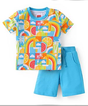 Babyhug Single Jersey Knit Half Sleeves T-Shirt & Shorts Set with Tropical Theme Print - Light Blue