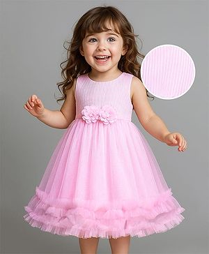 Babyhug Woven Sleeveless Party Dress With Frills On Hem & Floral Applique - Pink