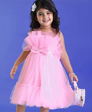 Babyhug Woven Sleeveless Party Mesh Dress With Frills & Bow Applique - Pink