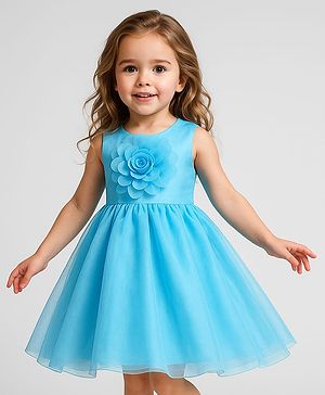 Babyhug Woven Sleeveless Party Dress With Floral Corsage - Light Blue