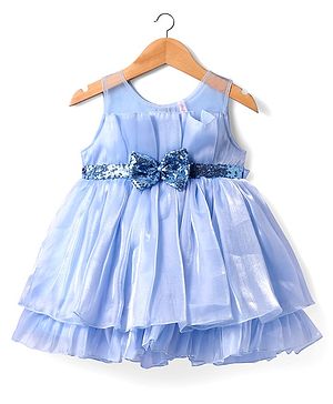Babyhug Woven Sleeveless Fit & Flare Party Dress with Bow Applique & Sequins Detailing - Light Blue