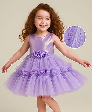 Babyhug Nylon Woven Sleeveless Party Dress With Metallic Yoke Ruffles & Floral Applique - Lilac