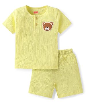 Babyhug Single Jersey Knit Half Sleeves T-Shirt & Shorts Set With Teddy Bear Patch - Yellow