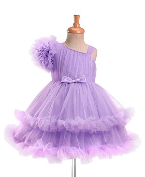 Babyhug Woven Sleeveless Fit & Flared Solid Mesh Party Dress with Bow Applique & Ruffles - Lavender