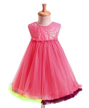 Babyhug Woven Sleeveless Party Dress with Lace & Sequin Detailing - Pink