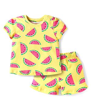 Babyhug Cotton Knit Half Sleeves Co-ords Shorts Night Suit with Watermelon Print - Yellow