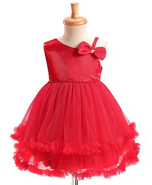 Babyhug Woven Sleeveless Mesh Party Dress with Bow Applique & Pearl Detailing - Red