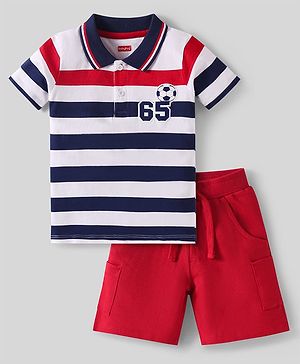 Babyhug Single Jersey Knit Half Sleeves Striped Polo T-Shirt & Shorts Set With Football Patch - Multicolor & Red