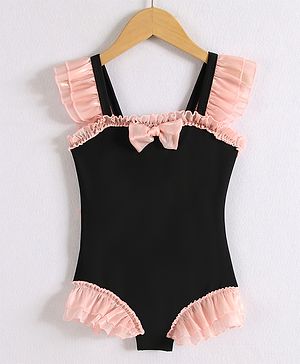 Babyhug Sleeveless V Cut Swimsuit with Frill & Bow Detailing - Black