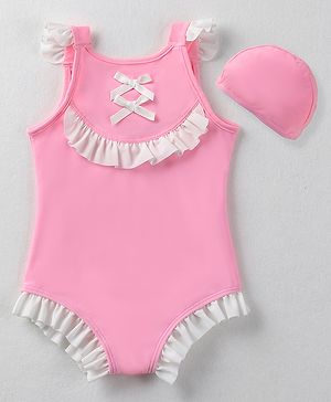 Babyhug Sleeveless  V Cut Swimsuit with Frill Detailing & Cap - Pink