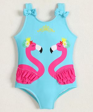 Babyhug Sleeveless V Cut Swimsuit Flamingo Print and Bow Detailing - Blue