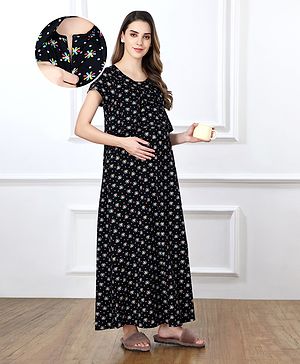 Bella Mama Cotton Knit Half Sleeves Concealed Zipper Floral Print Nighty - Black