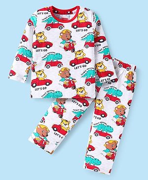 Babyhug Cotton Knit Full Sleeves Night Suit with Animal Print - Offwhite