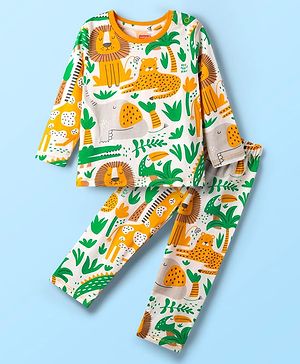 Babyhug Cotton Knit Full Sleeves Co-Ord Night Suit With Animal Print - Light Blue