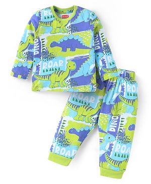 Babyhug Cotton Knit Full Sleeves Night Suit With Dino Print - Green & Blue