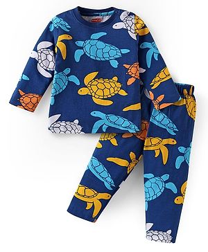 Babyhug Cotton Knit Full Sleeves Night Suit With Turtle Print - Navy Blue