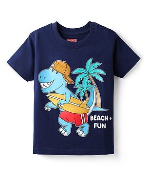 Babyhug Cotton Knit Half Sleeves T-Shirt with Dino Print - Navy Blue
