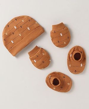 Simply Interlock Knit Cap Mitten & Booties Set with Nautical Theme Print Brown  - Diameter 10.5 cm