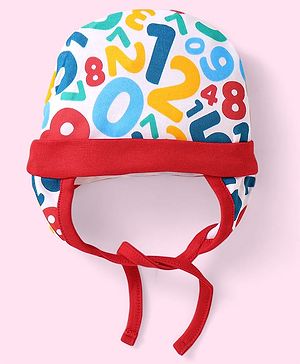 Babyhug 100% Cotton Knit Tie Knot Cap with Number Print Red - Diameter 14 cm