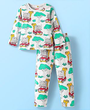 Babyhug Cotton Knit Full Sleeves Co-ords Night Suit With Animal Print - White