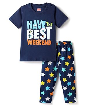 Babyhug Cotton Knit Half Sleeves Night Suit With Text & Star Print - Navy Blue