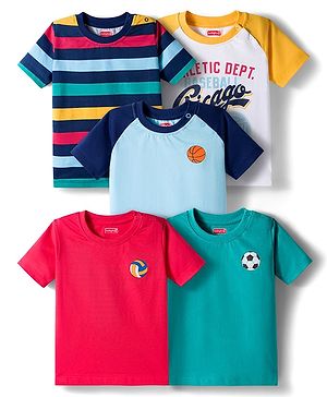 Babyhug Cotton Knit Half Raglan Sleeves T-Shirts with Sports Print & Stripes Pack of 5 - Multicolor