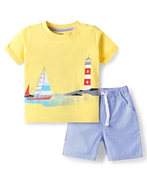 Babyhug Single Jersey Knit Half Sleeves T-Shirt & Shorts Set with Beach Theme Print - Yellow