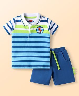 Babyhug Single Jersey Knit Half Sleeves Polo T-Shirt & Shorts Set with Stripes & Patch - Blue
