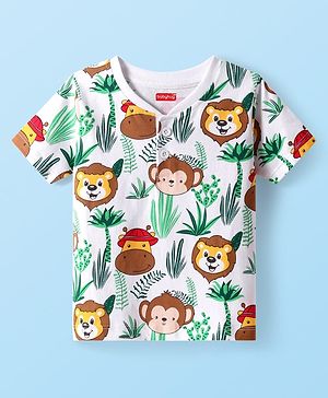 Babyhug Cotton Knit Half Sleeves Henley Neck T-Shirt with Animal Print - White
