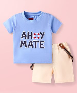 Babyhug Single Jersey Knit Half Sleeves T-Shirt & Shorts Set with Suspender & Text Embroidery - Blue & Beige