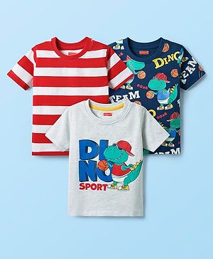 Babyhug Cotton Knit Half Sleeves T-Shirt With Stripes And Dino Print Pack Of 3 - Navy Blue & Red